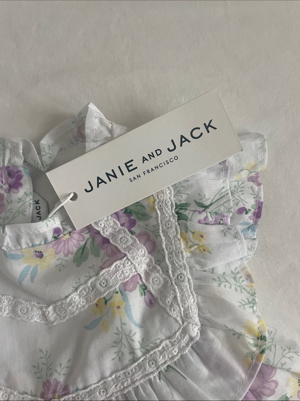 Janie and Jack White Floral Ruffle dress w/ Lavender & Yellow Blooms 6-12m (NWT) - Picture 2 of 7